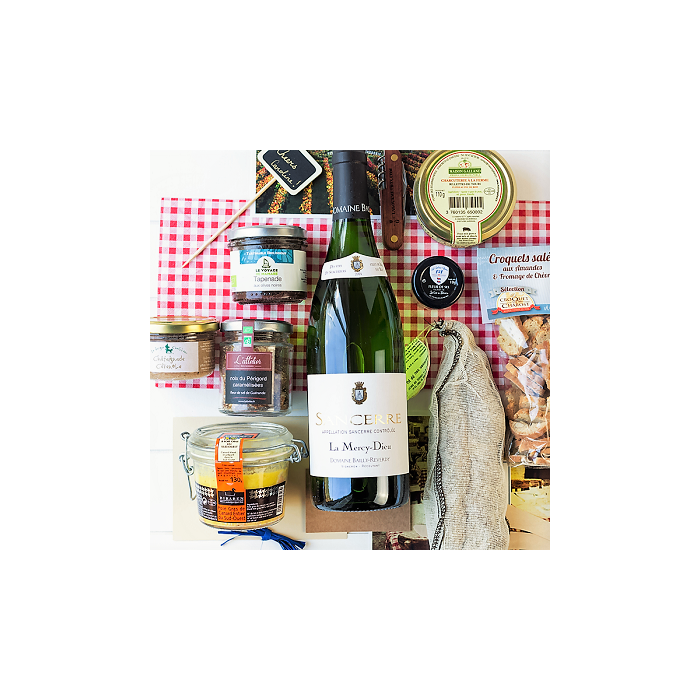 Cesta Gourmet francesa Super Aperitivos con vino blanco Grand Cru